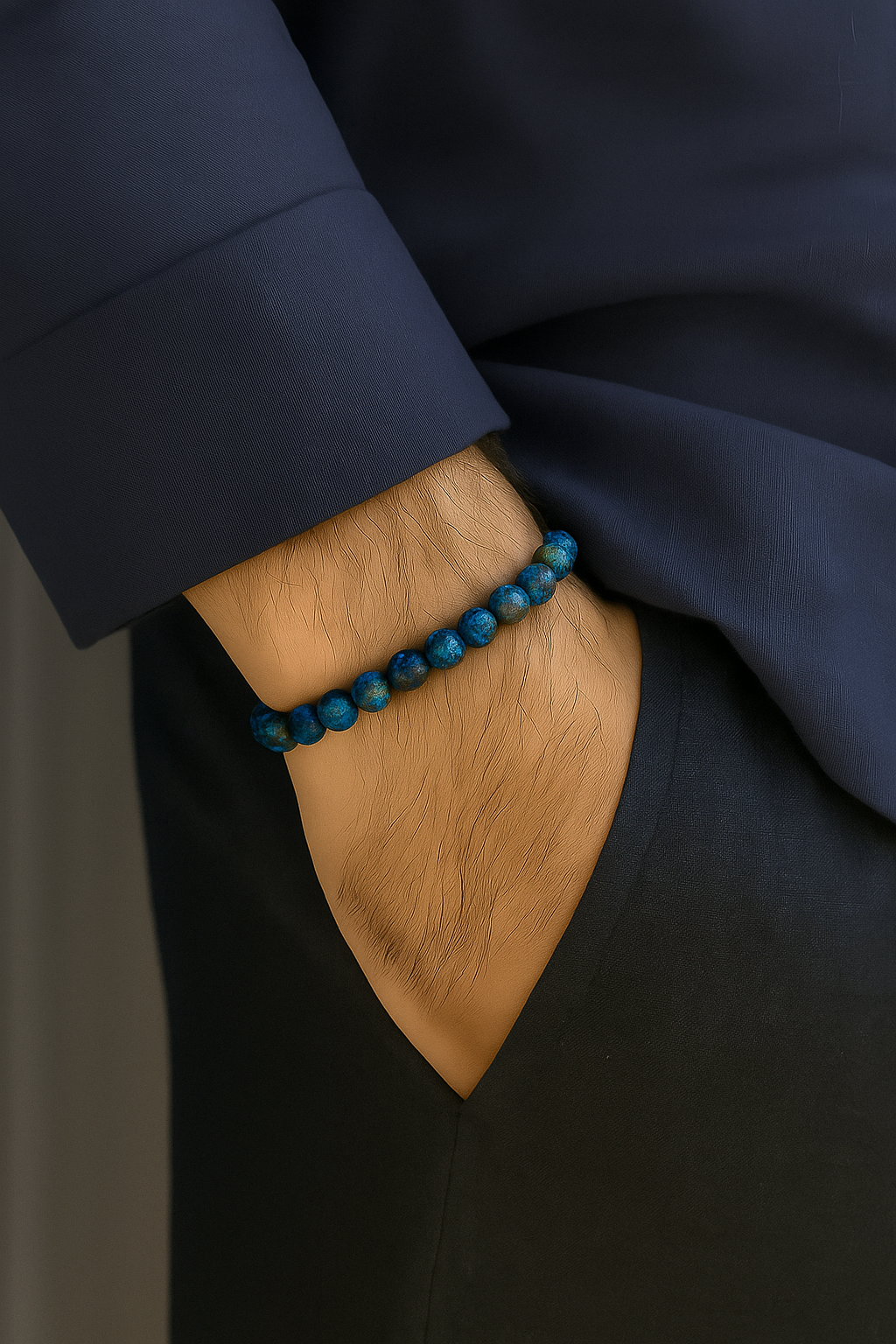 Cosmic Collections Terra herenarmband – handgemaakte elastische blauwe natuursteen kralenarmband gedragen bij navy pak