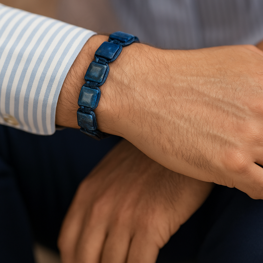 Cosmic Collections Terra herenarmband – handgemaakte verstelbare vierkante blauwe natuursteen armband gedragen bij gestreept overhemd