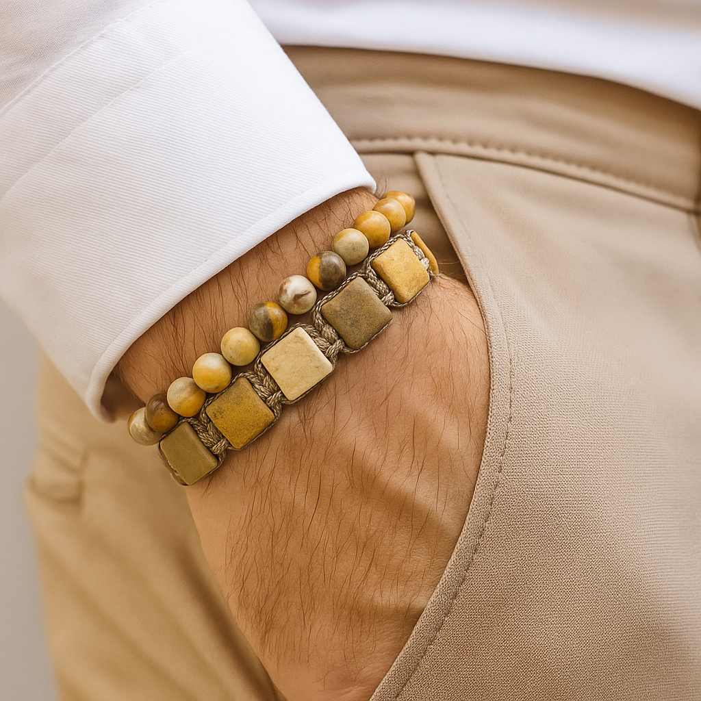 Cosmic Collections Jupiter set herenarmbanden – handgemaakte verstelbare vierkante natuursteen armband en elastische kralenarmband in beige en goudtinten gedragen bij wit overhemd en zandkleurige pantalon
