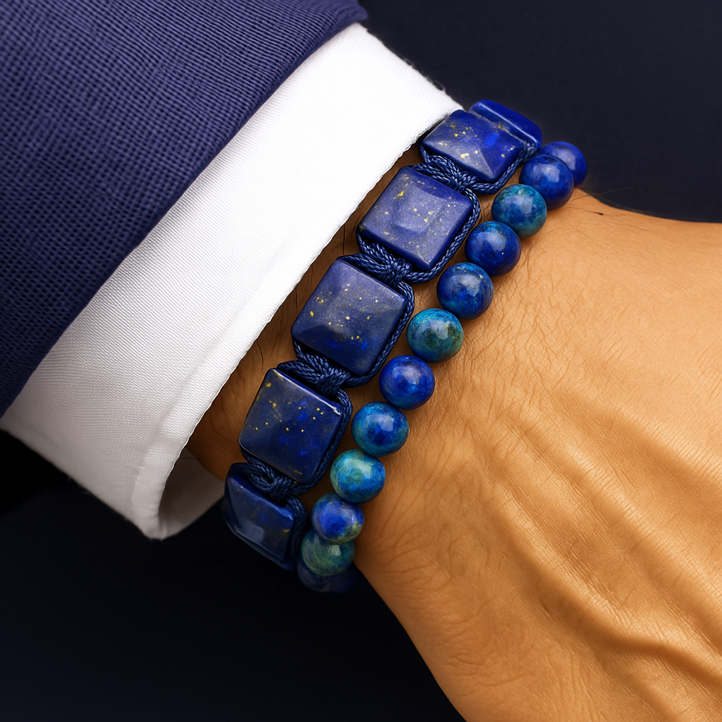 Cosmic Collections Terra set herenarmbanden – handgemaakte blauwe lapis lazuli natuursteen armband en elastische kralenarmband gedragen bij navy pak en wit overhemd